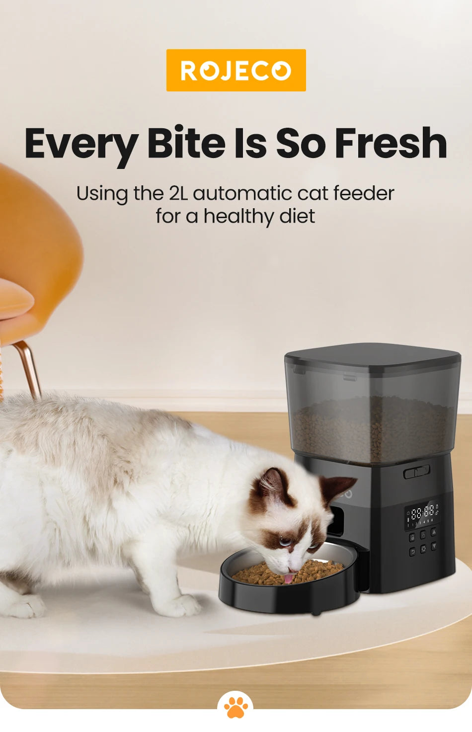Alimentador Automático Pet ROJECO – Dispenser de Ração Programável 2L