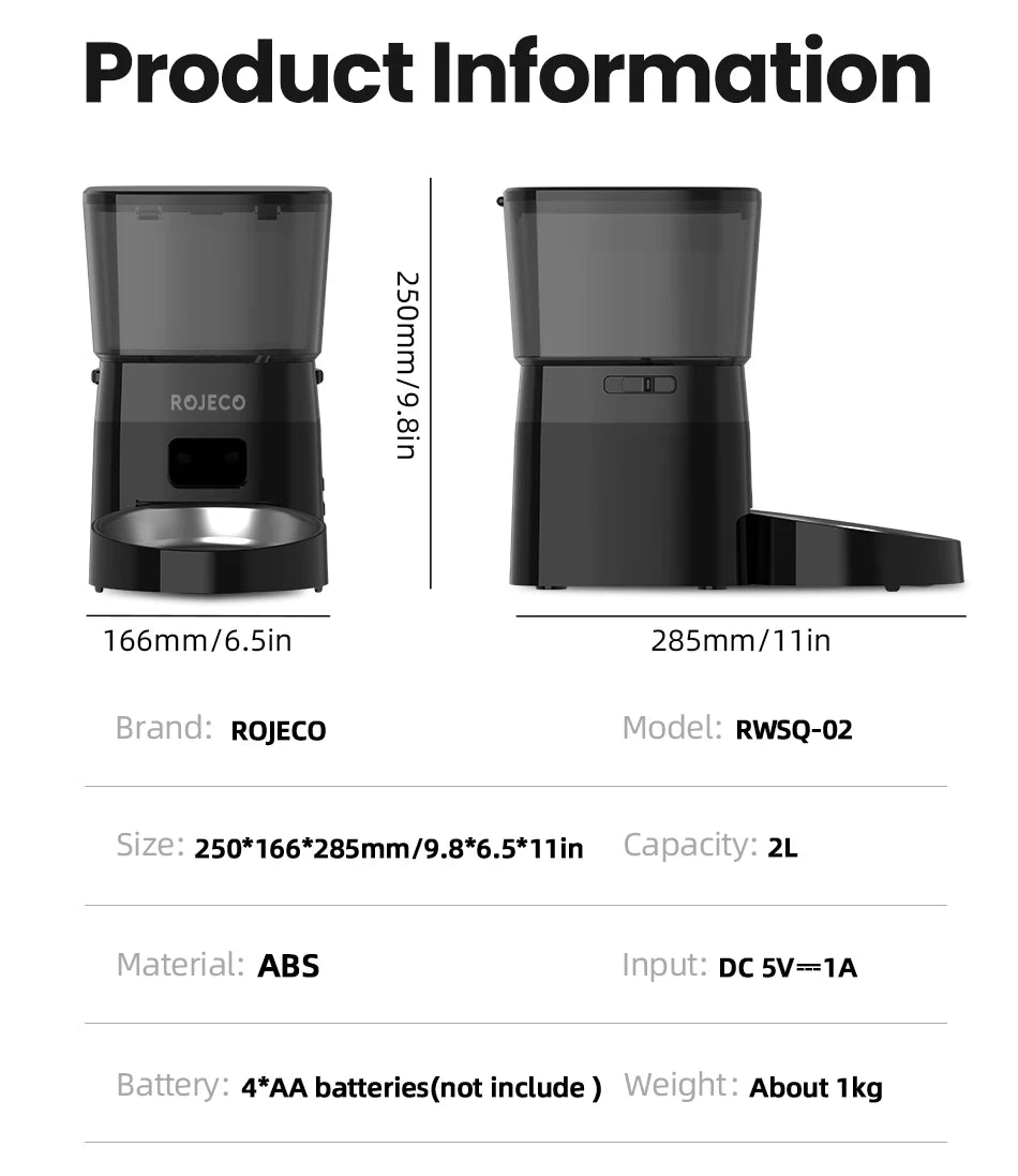 Alimentador Automático Pet ROJECO – Dispenser de Ração Programável 2L
